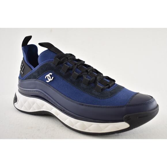 Chanel 20C Mens Blue Black White CC Logo Lace Up Low Top Trainer Sneaker 44 11 - Picture 4 of 13